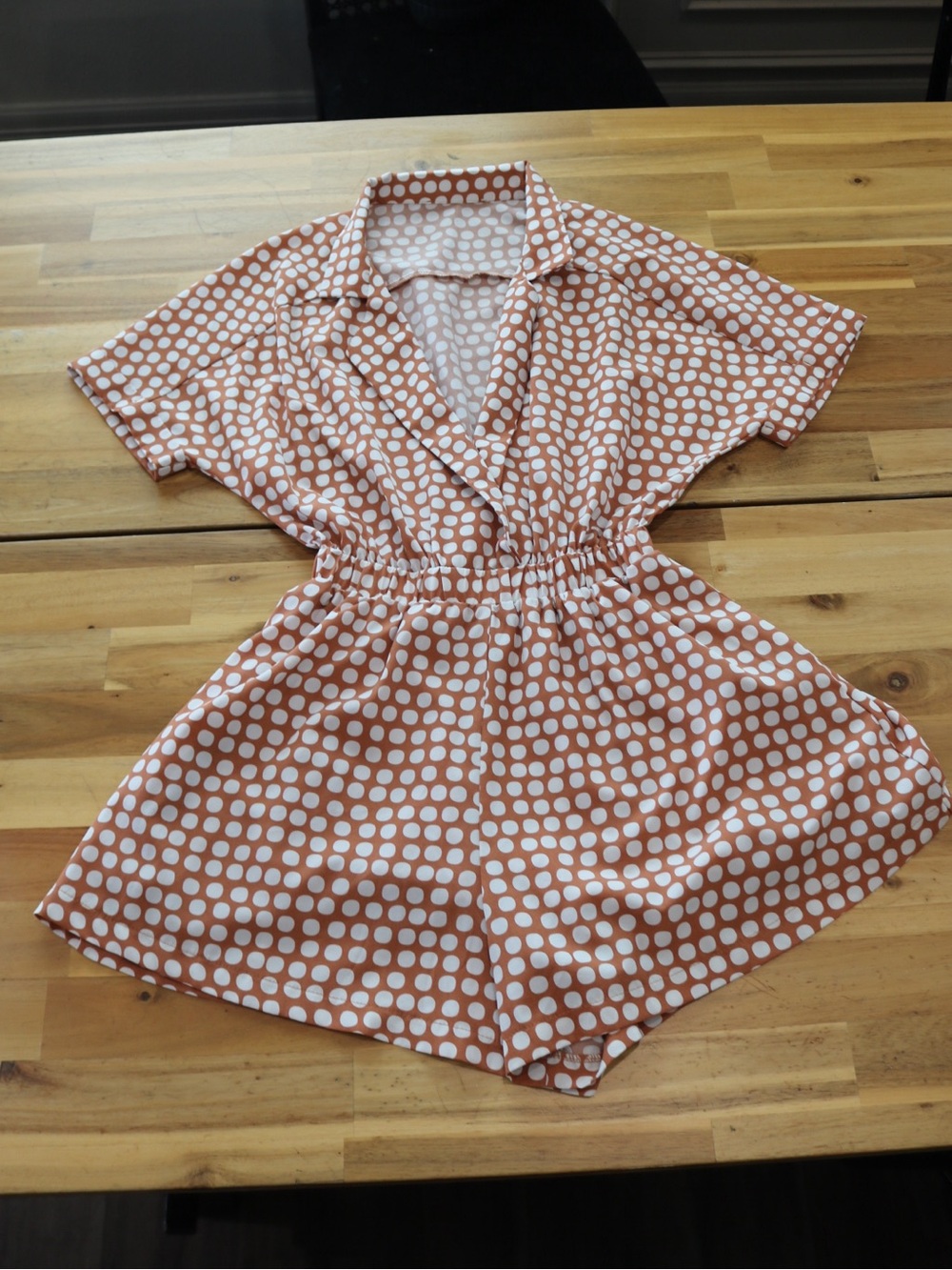 Polka Dot Short Sleeve Romper in Terracotta and White